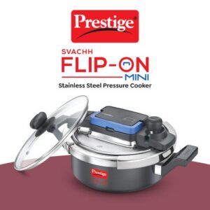 Prestige Svachh Flip-on Mini Hard Anodised Spillage Control Pressure Cooker with Glass Lid, 2 Litre (Black)