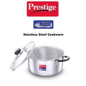 Prestige 24cm/5.5L Tri-Ply Stainless Steel Splendor Casserole with Glass Lid|Gas and Induction Compatible| Even Heat Distribution|Strong and Durable| Perma-Cool Handles|
