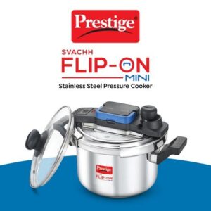 Prestige Svachh Flip-on Mini Stainless Steel Gas and Induction Compatible Pressure Cooker with Glass Lid, 3 Litre (Silver)