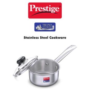 Prestige 14cm/1.1L Tri-Ply Stainless Steel Splendor Sauce Pan with Glass Lid|Gas and Induction Compatible| Even Heat Distribution|Strong and Durable| Perma-Cool Handles|