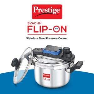 Prestige Svachh Flip-on Stainless Steel Spillage Control Pressure Cooker with Glass Lid, 5 Litre (Silver)