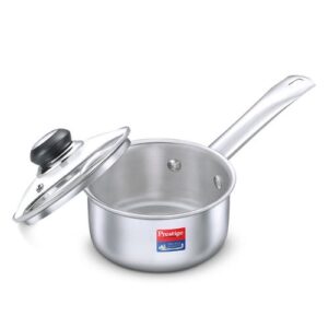 Prestige 18cm/2L Tri-Ply Stainless Steel Splendor Sauce Pan with Glass Lid|Gas and Induction Compatible| Even Heat Distribution|Strong and Durable| Perma-Cool Handles