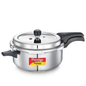 Prestige Deluxe Alpha Svachh Stainless Steel Deep Pan Pressure Cooker with Unique Deep Lid which Controls Spillage, 5 L (Silver)