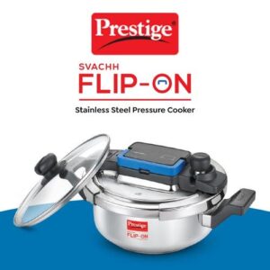 Prestige Svachh Flip-on Stainless Steel Spillage Control Pressure Cooker with Glass Lid, 3 Litre (Silver)