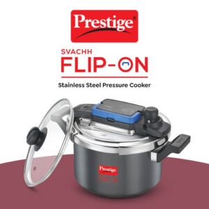 Prestige Svachh Flip-on Hard Anodised Gas and Induction Compatible Pressure Cooker with Glass Lid, 5 Litre (Black)