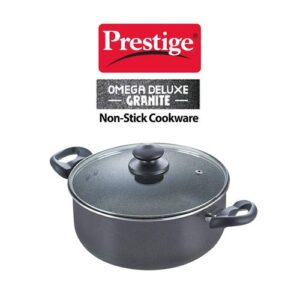 Prestige Omega Deluxe Granite Non-stick Round Base Sauce Pan with Glass Lid, 24cm, 4.25 L (Black)