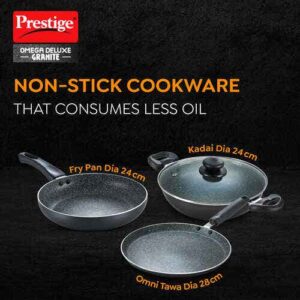Prestige Omega Deluxe Granite 3 Piece non-stick BYK cookware set (Aluminum)|Contains Fry Pan (24cm), Omni Tawa(28cm), Kadai with lid(24cm)|Black