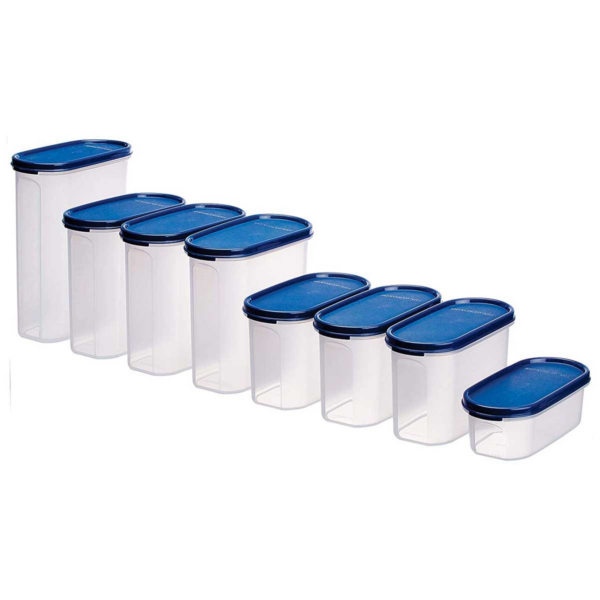 SignoraWare Modular Storage Containers on-disco-sale Oval Modular Multi-Purpose Plastic Containers Set of 8 with Lid for Kitchen | Food Grade BPA Free Leak Proof (Set Contains -2.3Litersx1 | 1.7Litresx3 | 1.1 Litresx3 | 500mlx1 | Mod Blue)