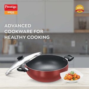 Prestige Omega Deluxe Aluminium Non-Stick Round Base Deep Kadai with Glass Lid 24cm (Red)