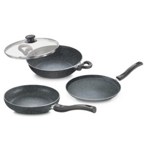 Prestige Svachh Granite Non-Stick 3-Piece Set Cookware |Dual Non-Stick Delight|Omni Tawa -28cm Dia, Kadai with GlassLid -24cm Dia, Fry Pan -24cm Dia|Gas and Induction Compatible|Metal Spoon Friendly