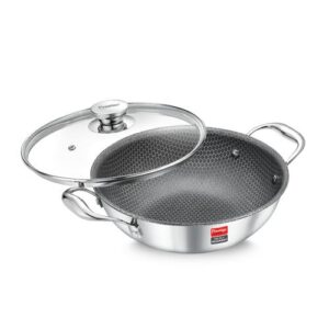 Prestige 24cm/2.7L Tri-Ply Stainless Steel Hexamagic Kadai with Lid| Honeycomb Structure| Durability of Triply| Metal Spoon Friendly| Gas and Induction Compatible| Dishwasher Safe|Low Oil Consumption|Grey
