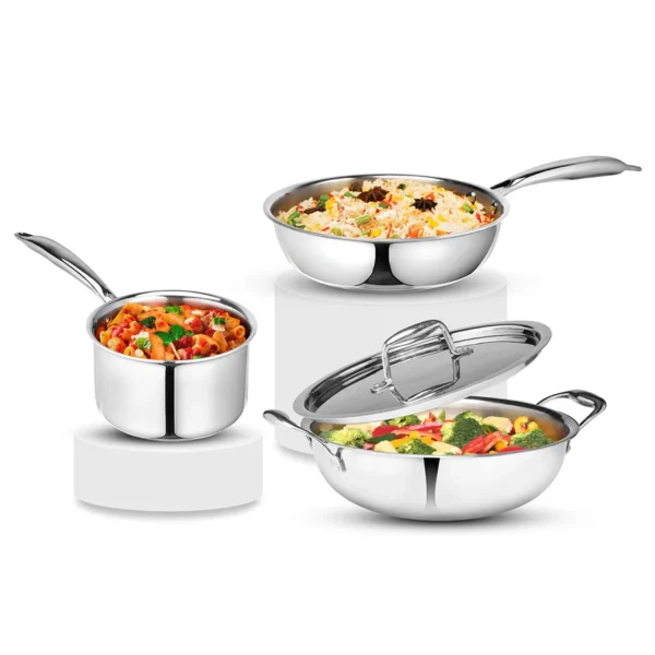 Signoraware Tri-Ply Kadhai with lid 24cm + Frypan 24cm + Saucepan 16cm