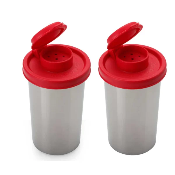Signoraware Spice Shaker Steel Big (150 ml. each) ,Set of 2, Moisture Proof Salt Shaker to go Camping Picnic Outdoors Kitchen Lunch Boxes Travel Spice Set with Colourful Covers Lids Airtight Spice Jar Dispenser