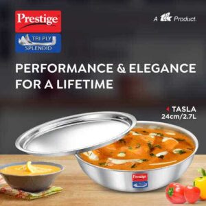 Prestige 24cm/2.7L Tri-Ply Stainless Steel Splendid Tasla with Lid|Gas and Induction Compatible|Even Heat Distribution| Thick Gauge Tri-Ply Body