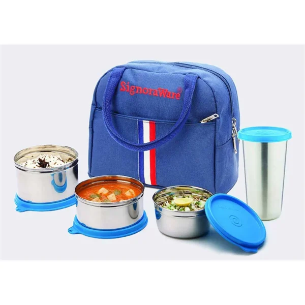 Signoraware Stylish Stainless Steel Lunch Box with Steel tumbler, Set of 4