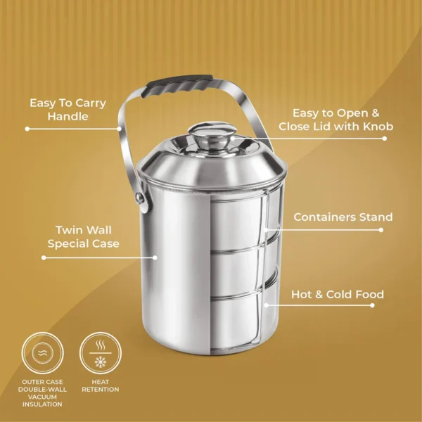 Signoraware Hot Vault Steel Lunch Box (3 Tier), 450 ml Each - Image 3