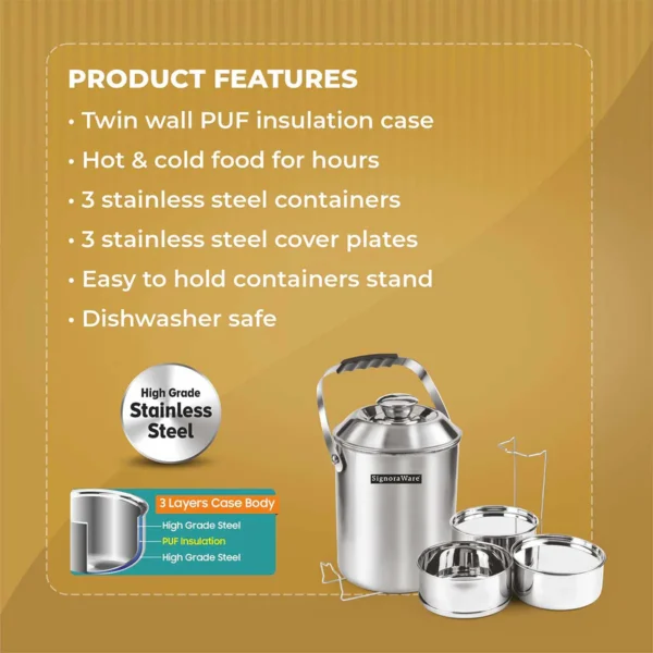 Signoraware Hot Vault Steel Lunch Box (3 Tier), 450 ml Each - Image 2