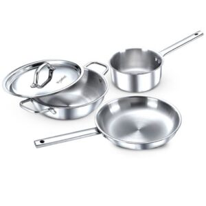 Prestige Tri-Ply Stainless Steel 3 Piece BYK Cookware Set| Fry Pan 24cm (1.7L), Kadai 24cm (2.7L) with SS Lid, Sauce Pan 16cm (1.5L)| Even Heat Distribution| Gas and Induction Compatible