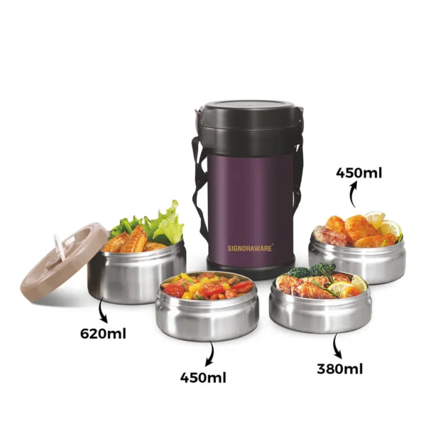 Signoraware Challenger Vacuum Lunch Box 4 Tier | Stainless Steel Insulated Lunch Box - Image 2