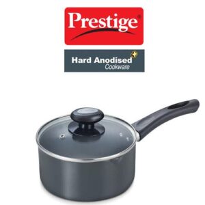 Prestige Hard Anodised Plus Gas and Induction Compatible Milk Pan with Glass Lid, (Black)