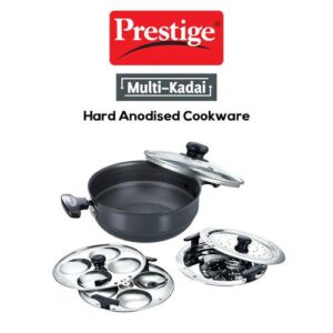 Prestige Hard Anodised Induction Base Multi-Kadai with Glass Lid (Dhokla Plate, Patra Plate, Idli Plates), 22cm (Black)