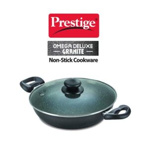 Prestige Omega Deluxe Granite Non-stick Kadai with Glass Lid, 24cm, 2.4 L (Black)