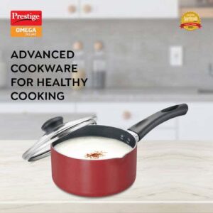 Prestige Omega Deluxe Aluminium Induction Base Non-Stick Milk Pan with Glass Lid, 16 cm, 1.5 L (Red)