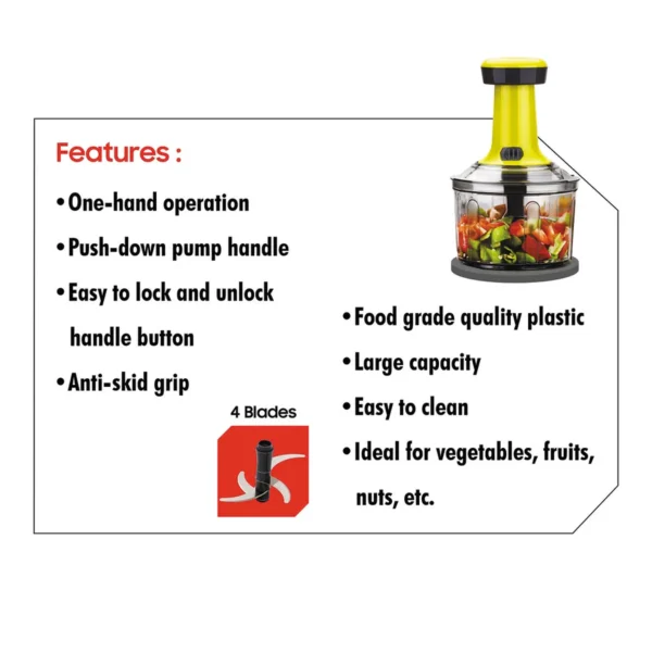 Signoraware Thunder Chopper Medium 800 ml (4 Blade) | Vegetable And Fruit Cutter Chopper Easy Push And Close Button | Hand Press Food Chopper - Image 2