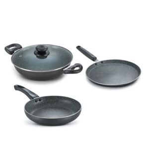 Prestige Omega Deluxe Granite Alpha 3 Piece BYK Non-Stick Cookware Set| Kadai 24cm with Glass Lid, Omni Tawa 28cm and Fry Pan 24cm| Gas and Induction Compatible| 5 Layer Non-Stick Coating
