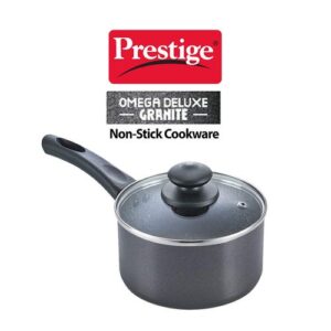 Prestige Omega Deluxe Granite Non-stick Round Base Milk Pan with Glass Lid, 16cm, 1.5 L (Black)