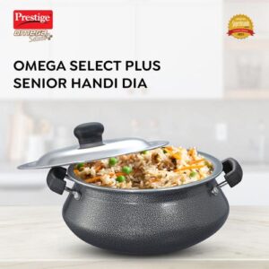 Prestige Omega Select Plus Teflon Non-stick Coated Senior Handi with Stainless Steel Lid and Scrubber for Non-Stick Cookware, 23cm (Black)