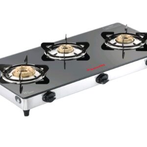 Butterfly Radiant Jumbo 3 Burner Glass Top Gas Stove | Tri-pin Brass Burners | 6mm Toughened Glass | Detachable Spill Tray | Enamel Pan Supports | Rust free SS Frame