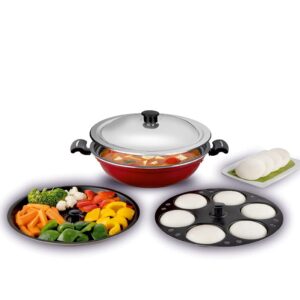 Ideal Non-stick Hybrid Kadai ( 3 in One) one 6pith idly plate, one vegtable boil plate, one kadai with Stainless steel Lid