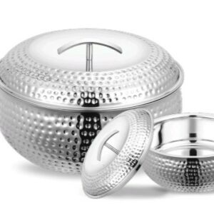 MAHAA Curve Premium Double Wall Insulated Stainless Steel Casserole, Hot Pot for Roti-Rice-Gravy-Curry, Hammered Finish, Silver Hot Box with Snug Fit Lid Lid, Retains Temperature, Twist Lock