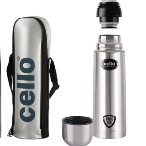 Cello Flip Style Stainless Steel Bottle with Thermal Jacket (1000ml, Silver) & Cello Life Style Stainless Steel Insulated Flask Without Thermal Jacket,  Silver