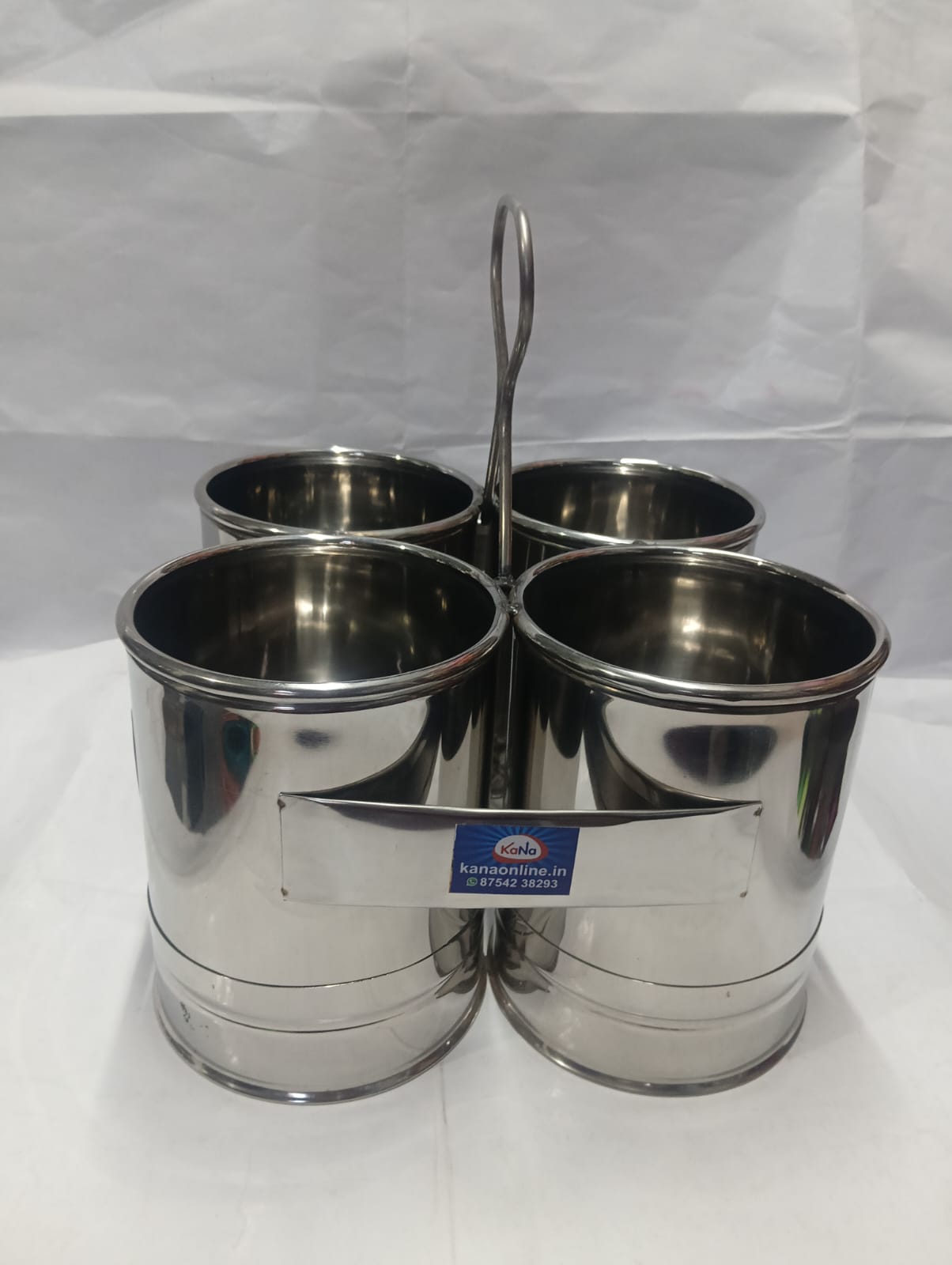 Stainless Steel Four Chutney Cup / Sambar Serving Stand with Handle