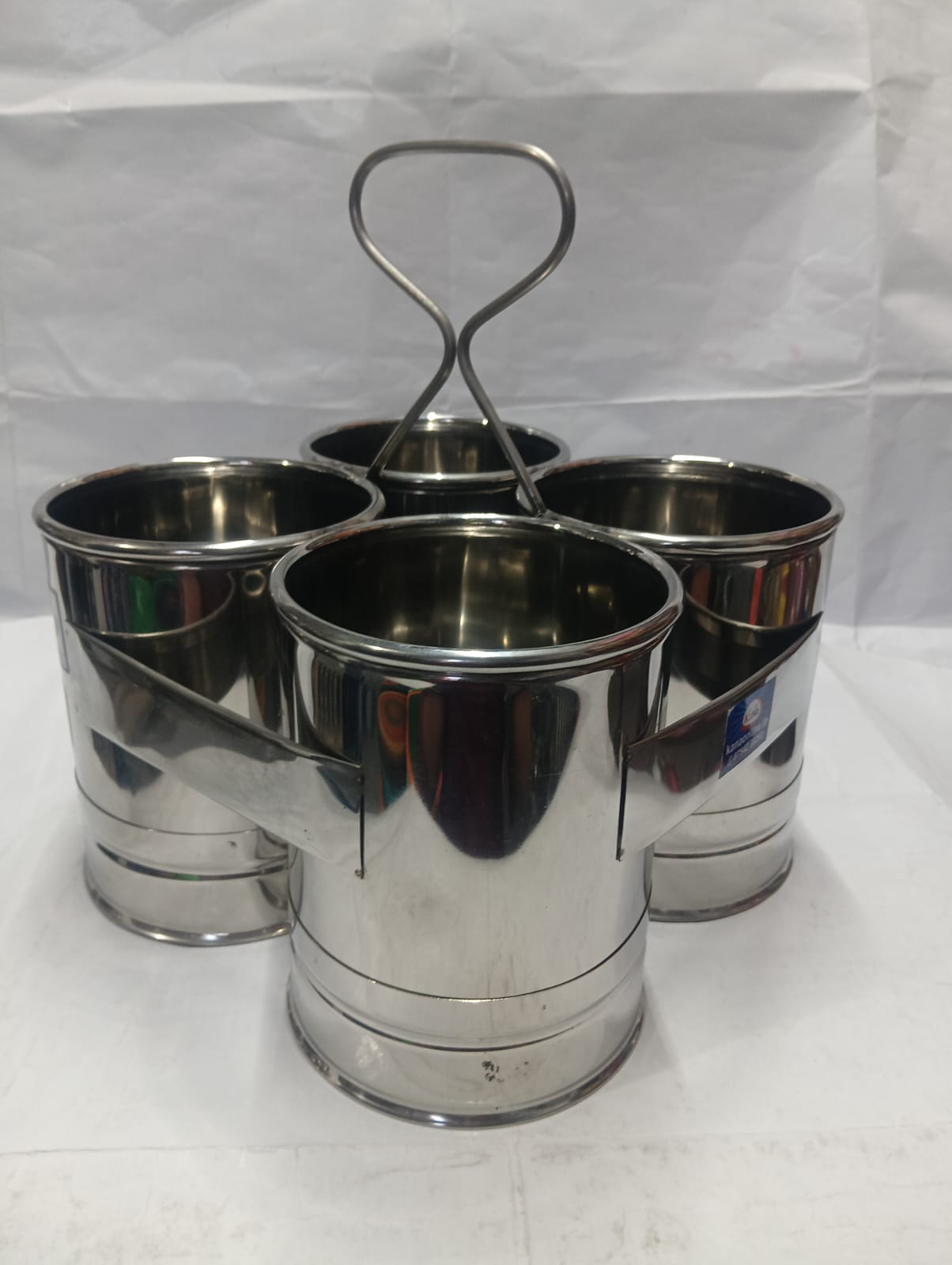 Stainless Steel Four Chutney Cup / Sambar Serving Stand with Handle - Image 2