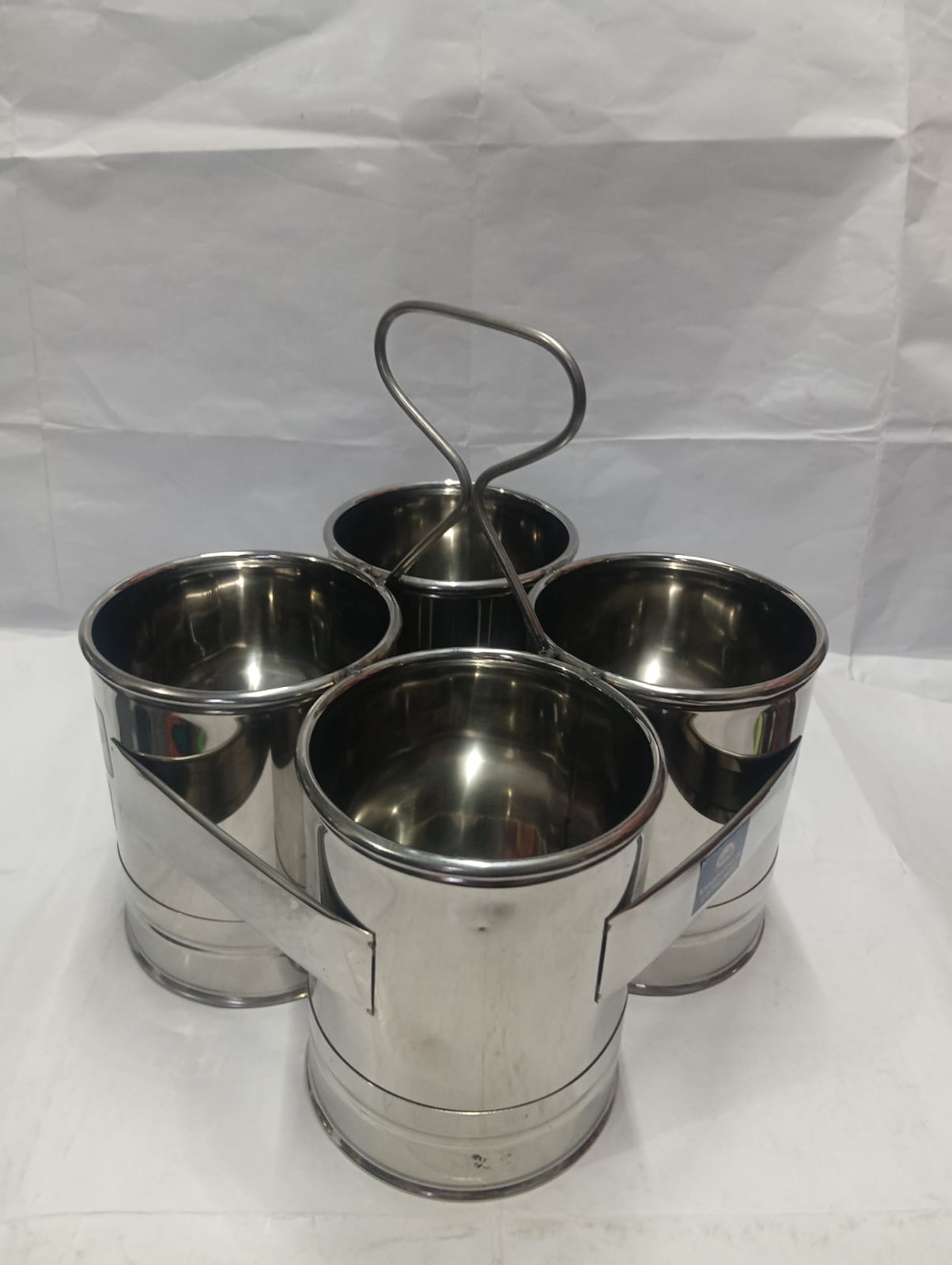Stainless Steel Four Chutney Cup / Sambar Serving Stand with Handle - Image 4
