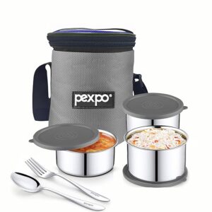 pexpo Marvel-3 Stainless Steel Meal Box with 3 Containers (2 * 280ml & 430ml), 1 Spoon & Bag - Grey & Blue |BPA Free Lid | Leak Proof | Lunch Box for Office Men and Women