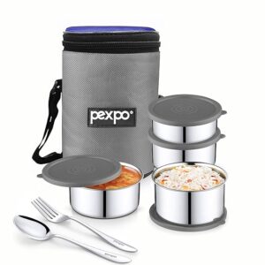 pexpo Marvel-4 Stainless Steel Meal Box with 4 Containers(2 * 280ml, 200ml, 430ml), 1 Spoon & Bag - Grey & Blue |BPA Free Lid | Leak Proof | Lunch Box for Office Men and Women