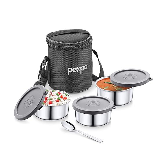 pexpo Eco Pro-3 Stainless Steel Lunch Box for Men & Women, with 3 Air-Tight Containers (280ml Each), Spoon & Bag - Black | Easy to Carry & Durable Tiffin Box for Office, School, College