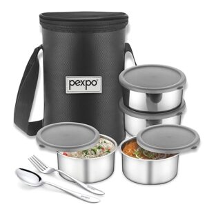 pexpo Eco Pro-4 Stainless Steel Lunch Box for Office, School, College, Trips - 4 Air-Tight Containers (280 ml Each), Spoon & Carry Bag | Portable & Leakproof Tiffin Box, BPA-Free