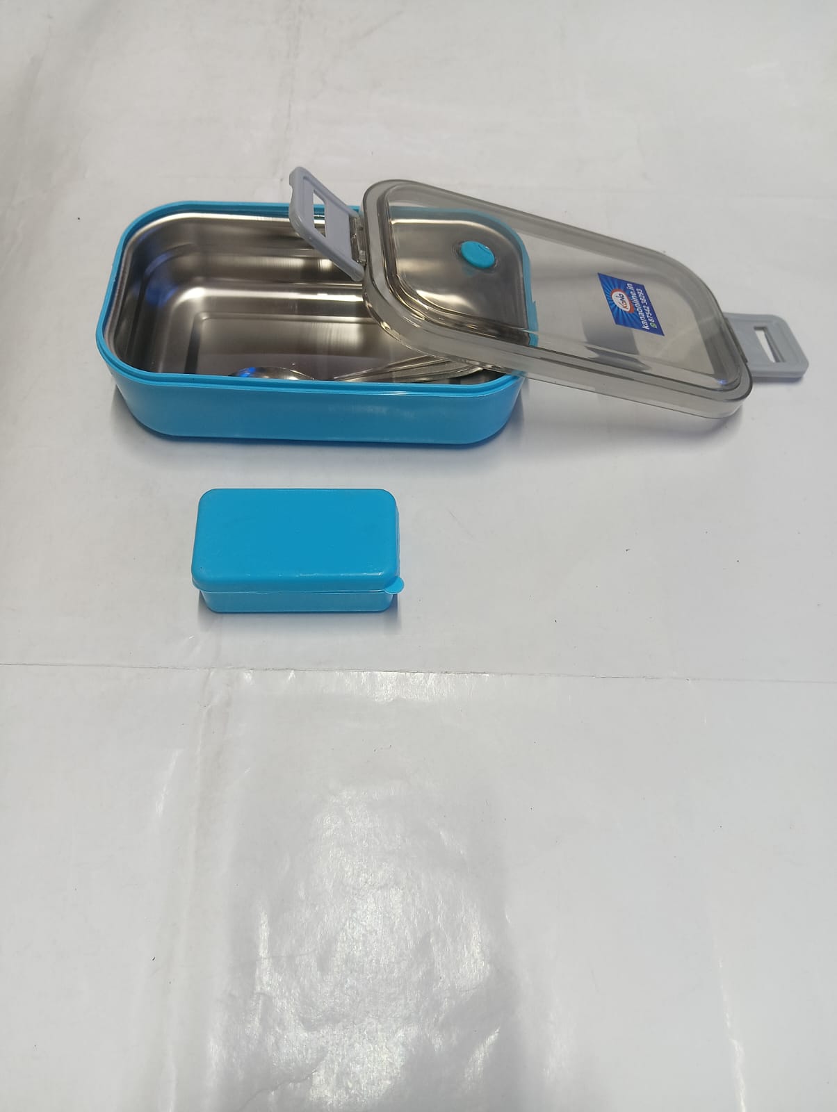 Premium Stainless Steel Single Compartment Lunch Box with covered plastic Mini Inner Box & Spoon - Image 3