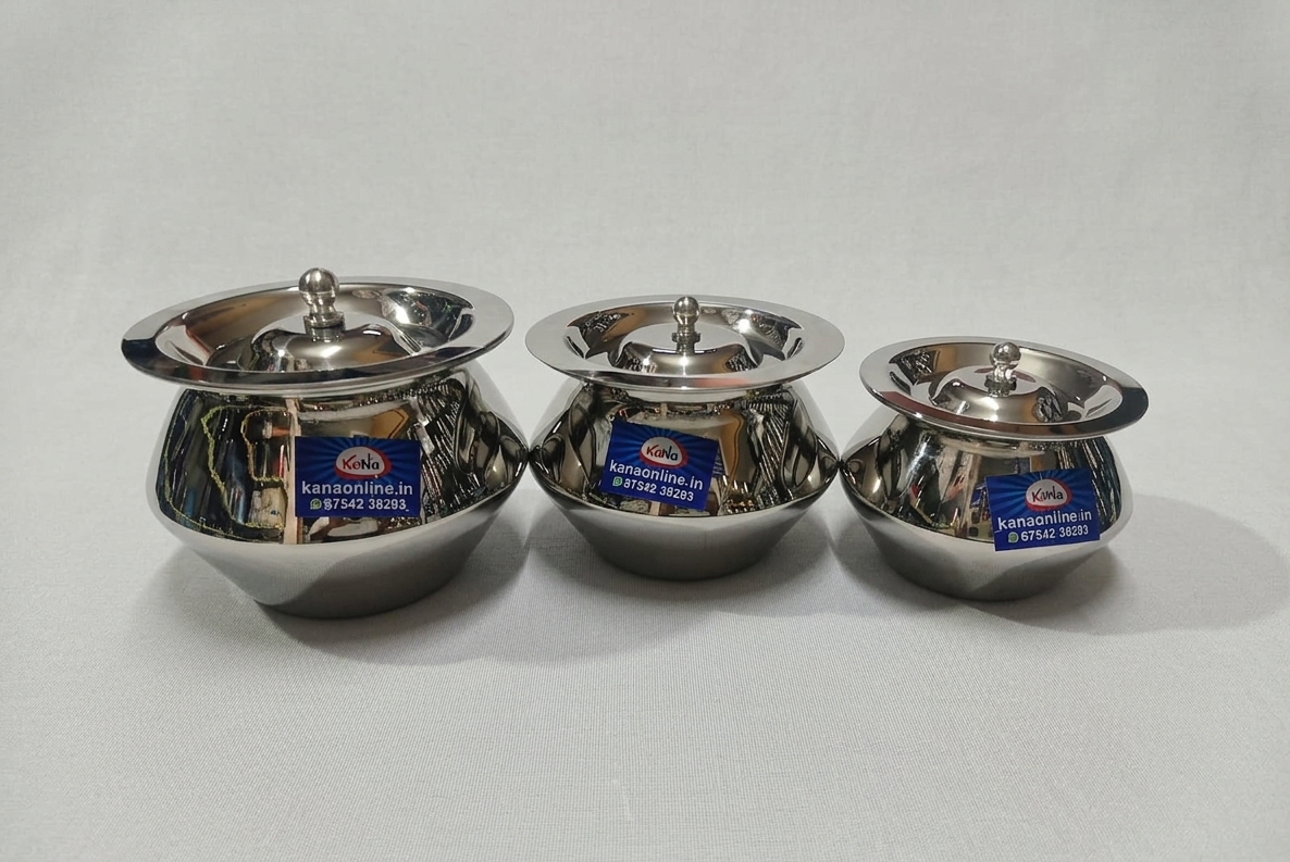 Stainless Steel Fancy Belly Shape Ghee Pot With Lid 3-Piece