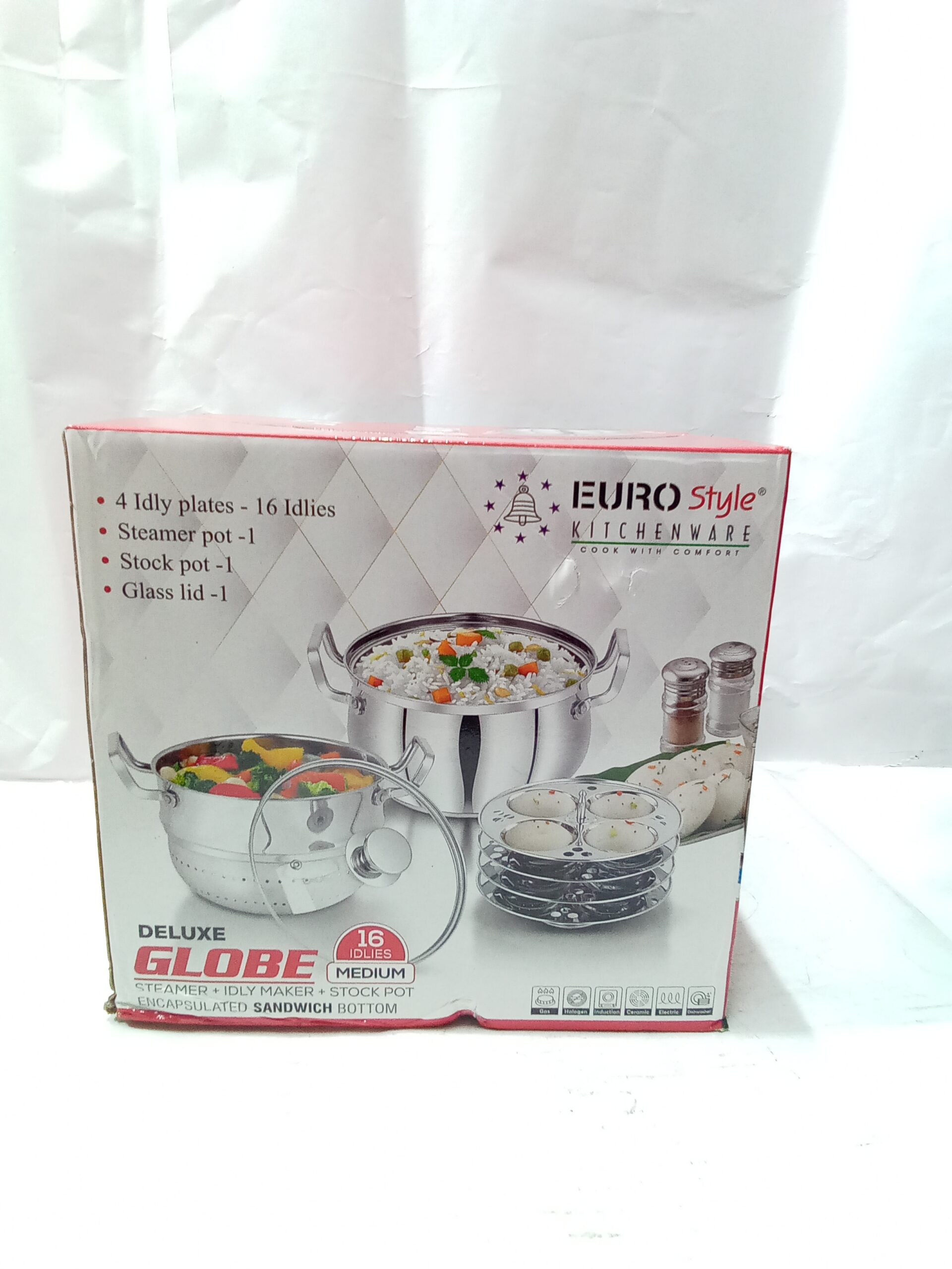 EURO Style Deluxe Globe Stainless Steel Multipurpose Cooking Steamer Pot Set (16 Idlies, Medium size).