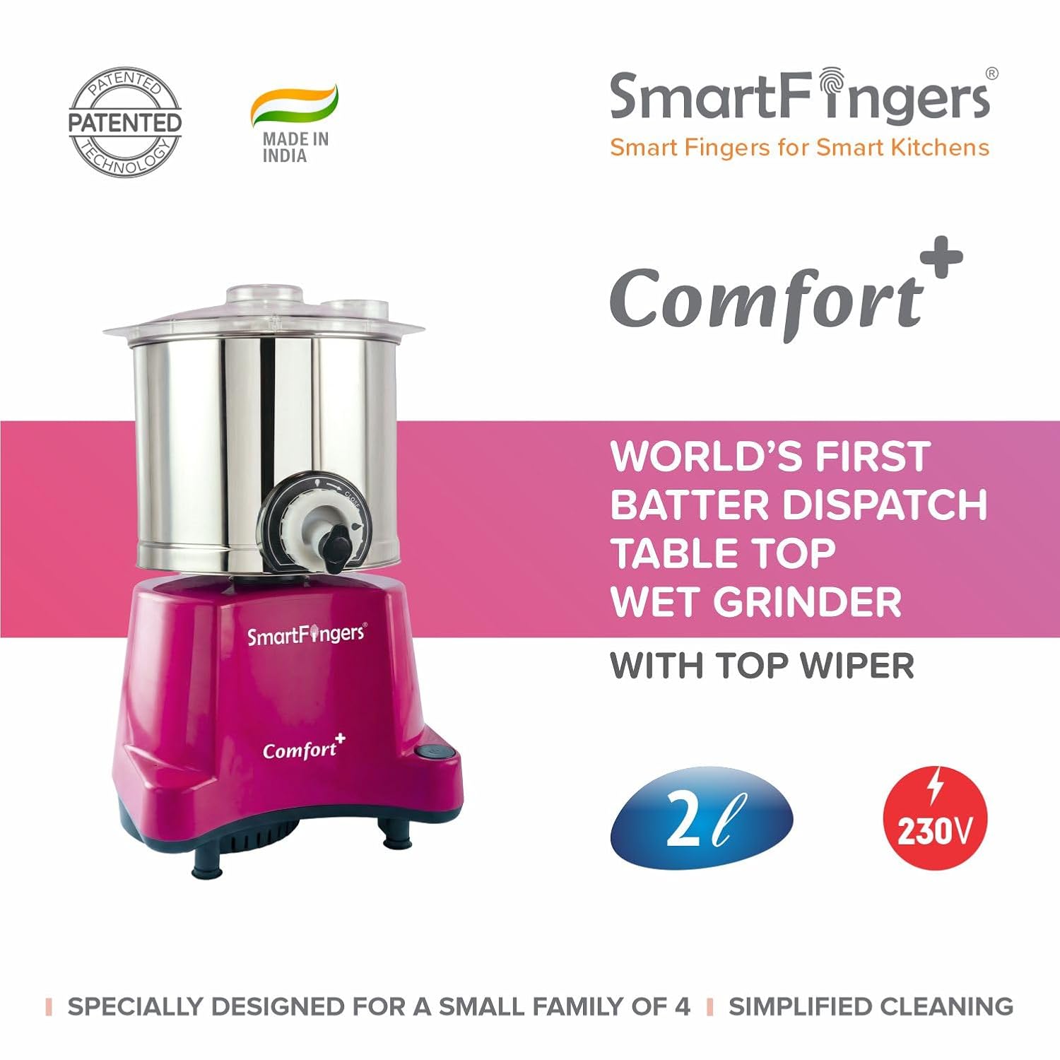 SmartFingers Comfort + Table Top Wet Grinder 230V, 2 Liter, Coconut Scrapper & Atta Kneader Attachment | Hands-Free Batter Dispenser | Top Wiper, 230W Motor - Image 5