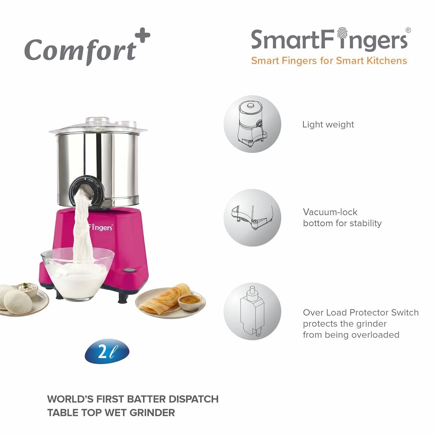 SmartFingers Comfort + Table Top Wet Grinder 230V, 2 Liter, Coconut Scrapper & Atta Kneader Attachment | Hands-Free Batter Dispenser | Top Wiper, 230W Motor - Image 3