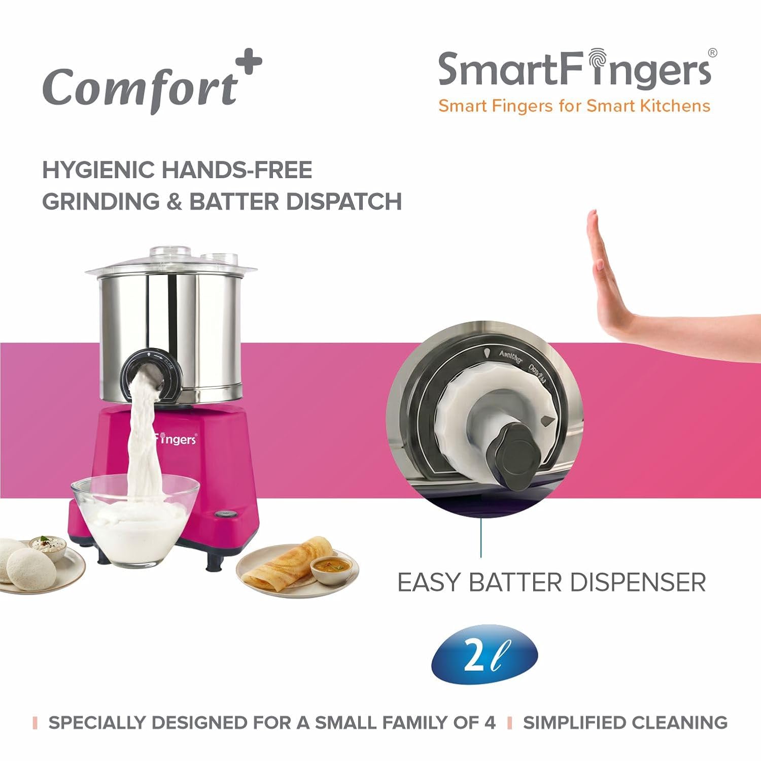 SmartFingers Comfort + Table Top Wet Grinder 230V, 2 Liter, Coconut Scrapper & Atta Kneader Attachment | Hands-Free Batter Dispenser | Top Wiper, 230W Motor - Image 2