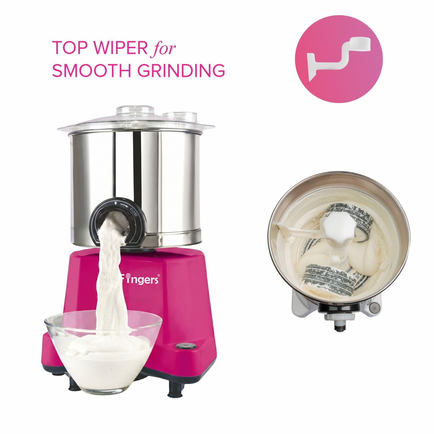 SmartFingers Comfort + Table Top Wet Grinder 230V, 2 Liter, Coconut Scrapper & Atta Kneader Attachment | Hands-Free Batter Dispenser | Top Wiper, 230W Motor - Image 4