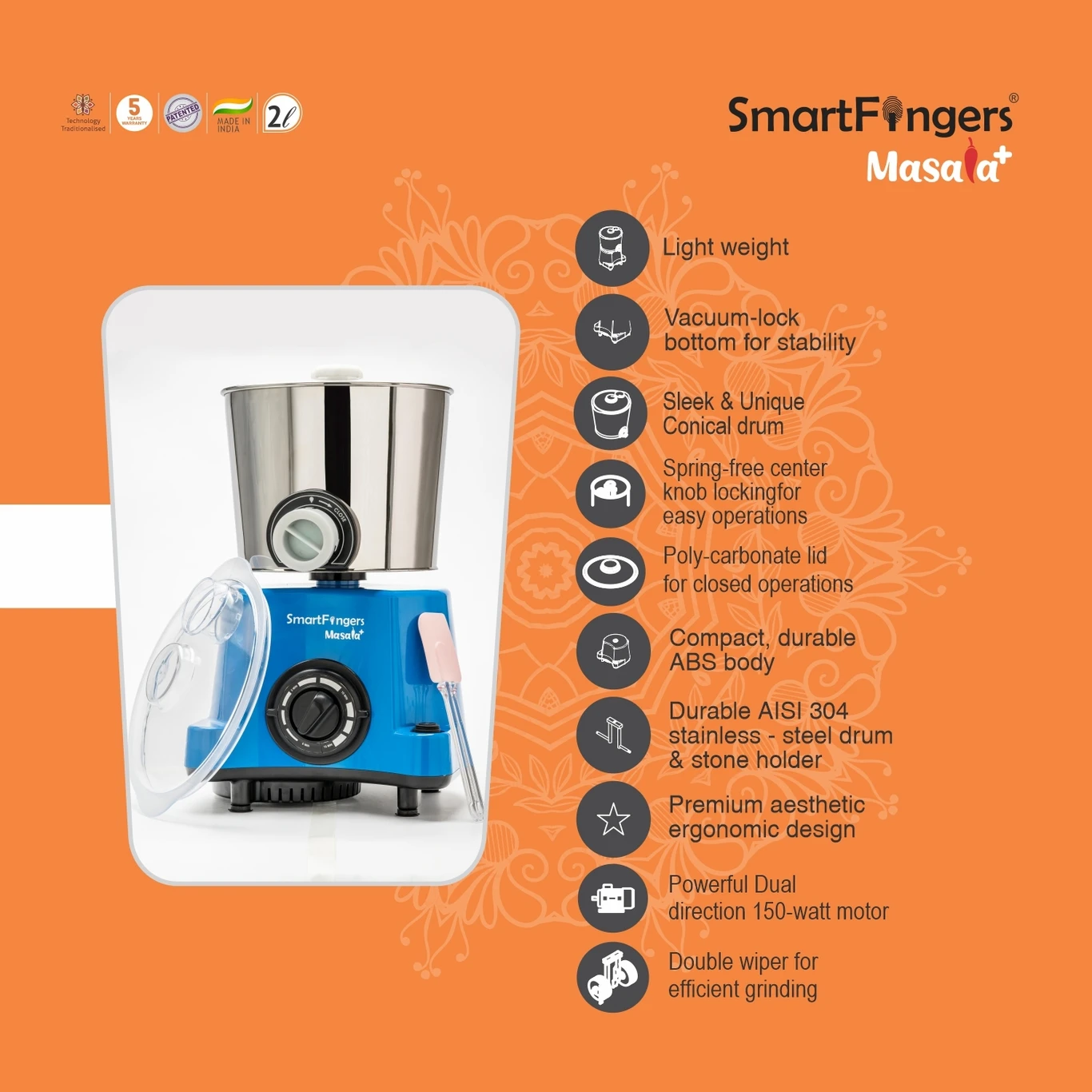 SMARTFINGERS Masala + Table Top Masala Wet Grinder 230V 50hz 2 Liter Wet Grinder (Blue) - Image 3